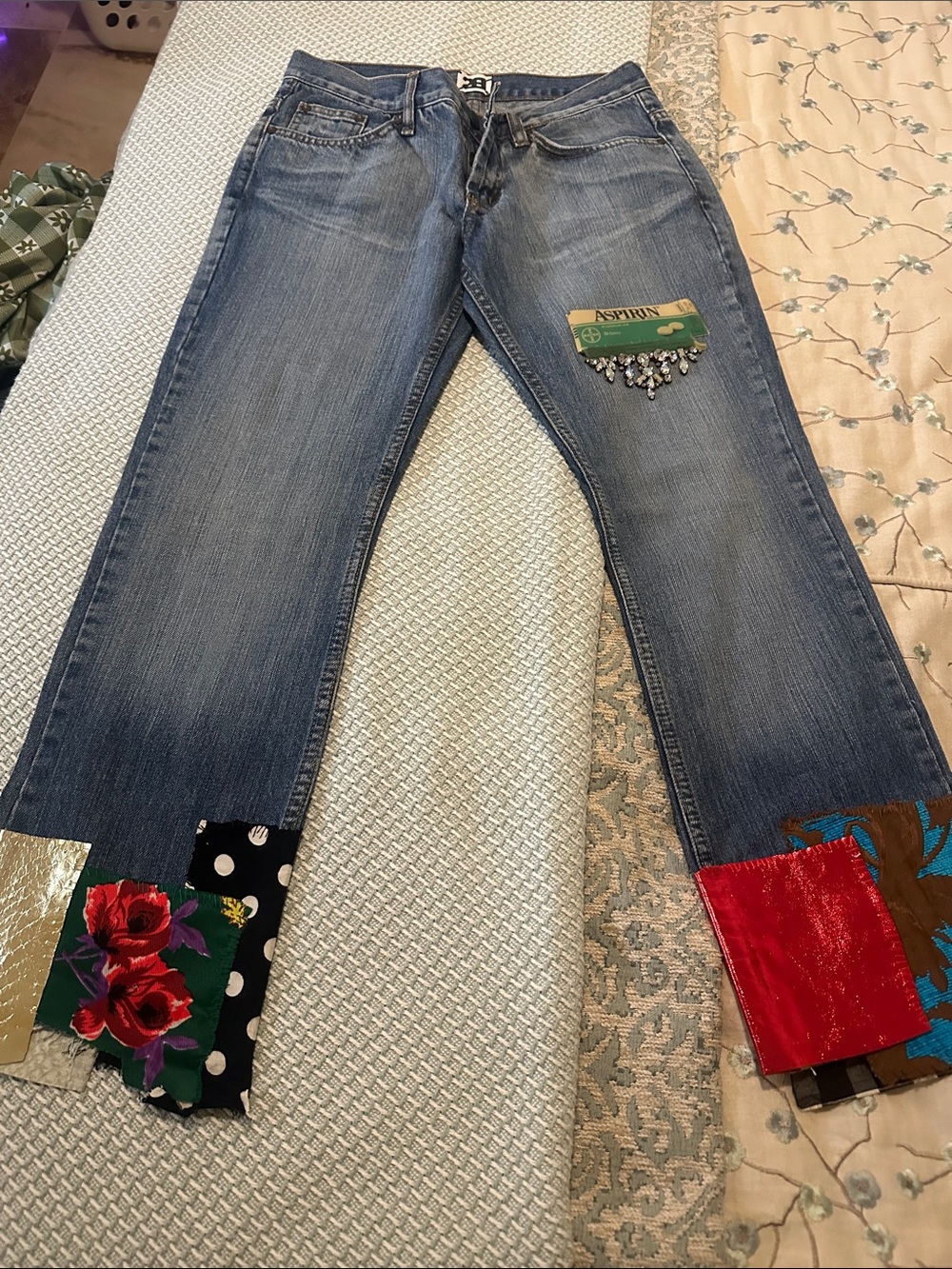 Women’s Blue Patchwork Jeans - Distressed Straight Leg